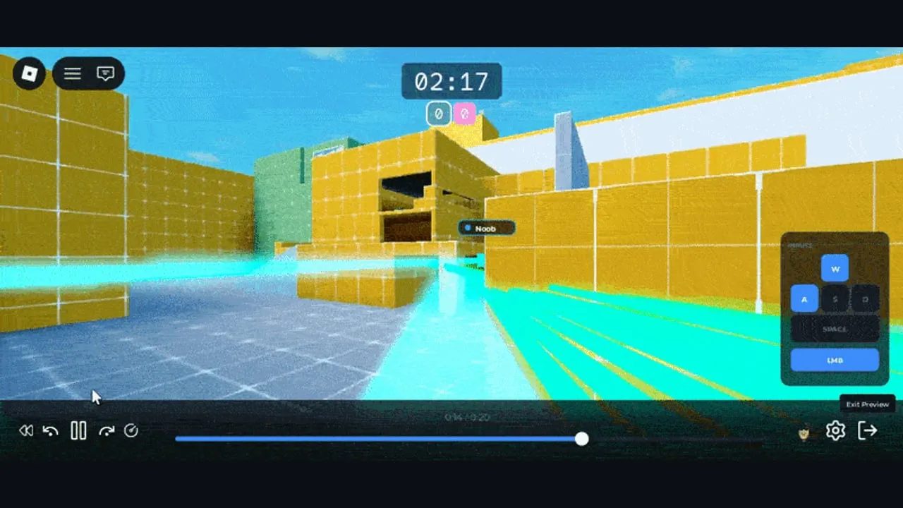First-person spectate view of a recorded player, with a WASD, space and left-mouse overlay in the corner showing live input