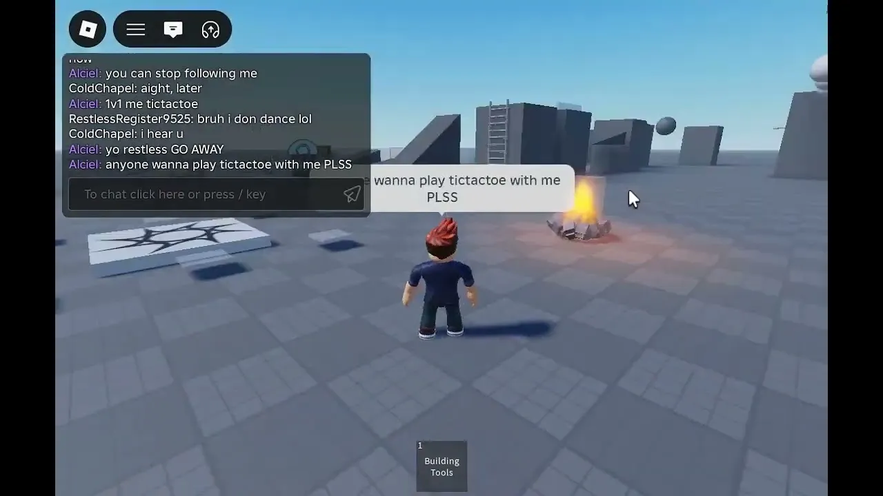 A Roblox NPC asking the player to play tic-tac-toe in a speech bubble, with the chat log above showing several NPCs talking among themselves